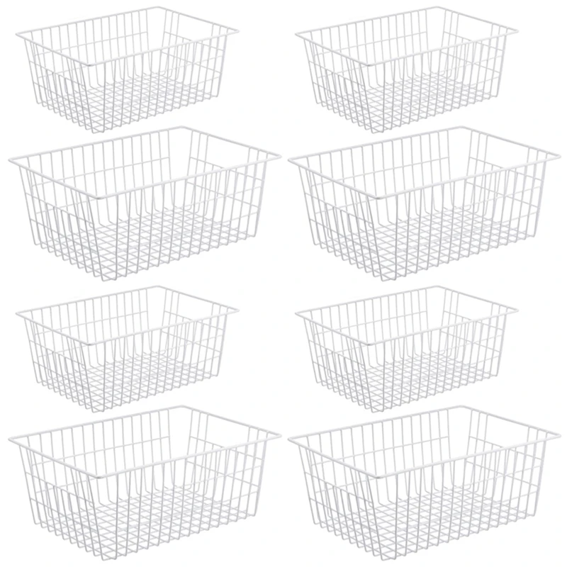 

8 Pack Wire Storage Baskets, Farmhouse Metal Wire Basket Freezer Storage Organizer Bins With Handles(White)