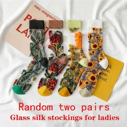 2 Pairs Womens Socks Summer Thin Trendy European and American Style Flower Mori Style Spun Glass Breathable Socks