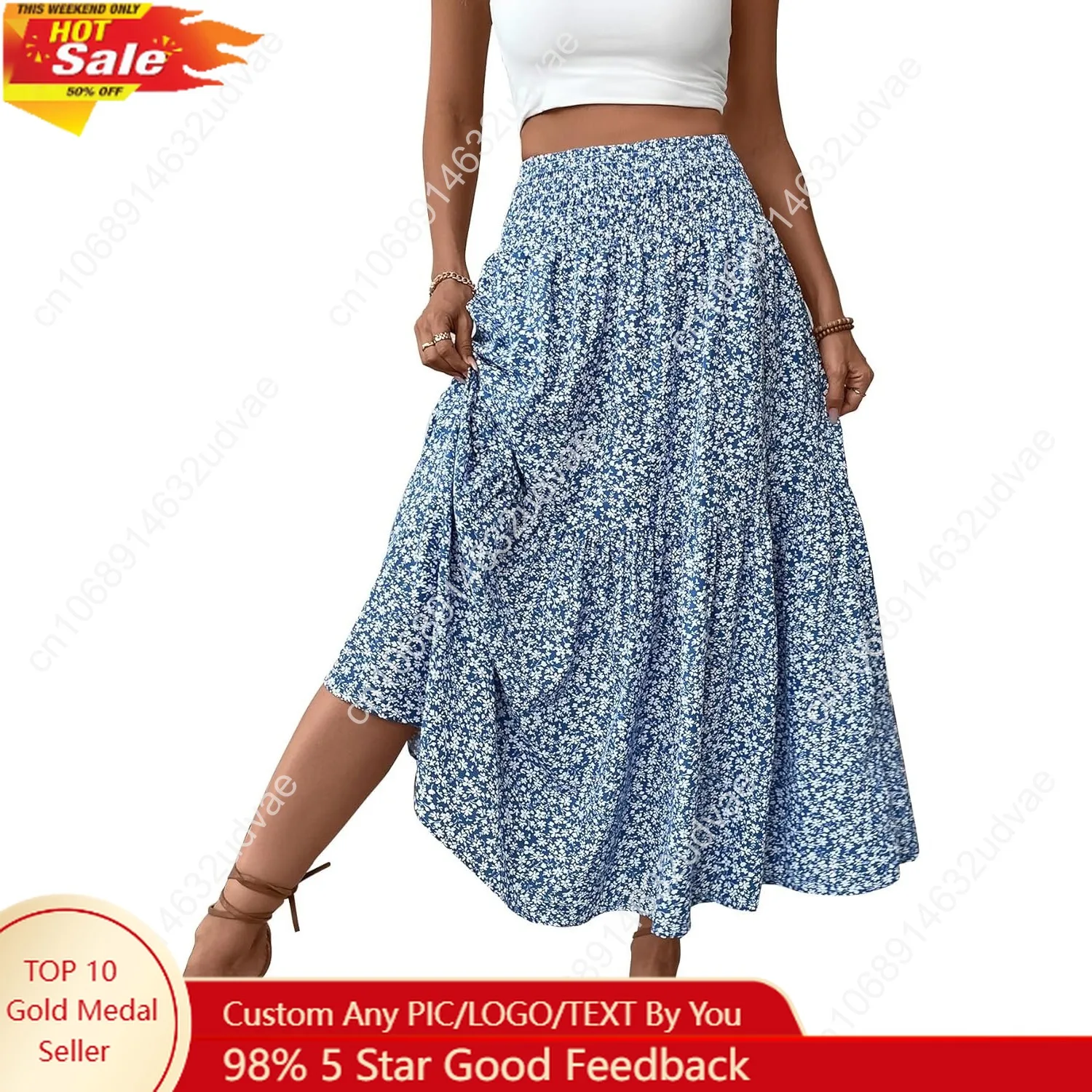 

Women's Smocked High Waist Maxi Skirt Casual Boho Long Skirts with Pockets