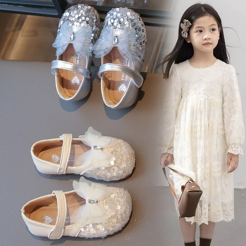 

Autumn Girls Mary Janes Flats Fashion Sequins Butterfly Princess Baby Girl Dance Performance Shoes Kids Leather Shoes Soft Sole