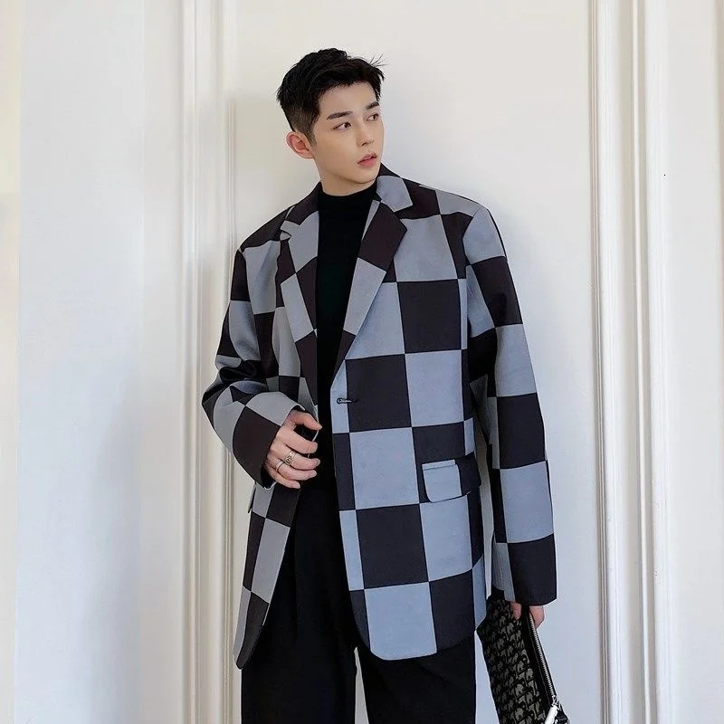 

Trend Korean Checkerboard Pattern Blazer Men's Single Breasted Oversized Suit Coat 2022 New Spring Streetwear Tide 2Y2728