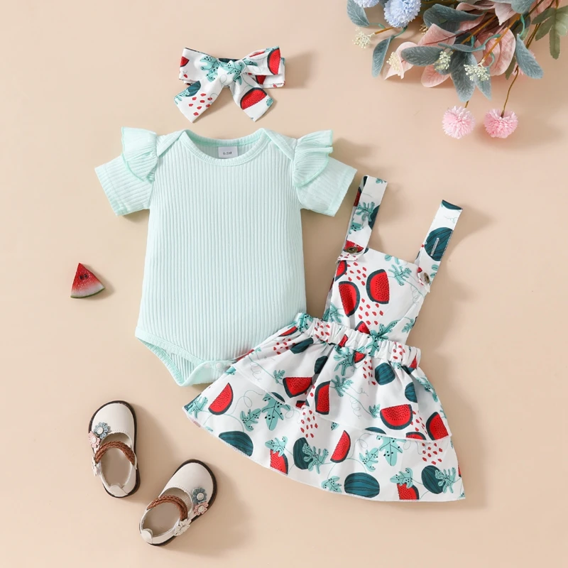 

2024-03-13 Lioraitiin Toddler Baby Girl Summer Set Round Neck Short Sleeve Ribbed Romper Floral Suspender Skirt Headband Outfits