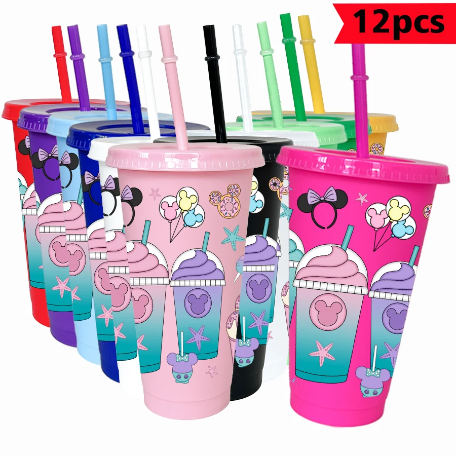 12 pièces/paquet Disney, avatar de Minnie, tasse d'eau en plastique multicolore de 26oz, ustensiles de boisson pour fête, cadeau d'anniversaire/retour à l'école