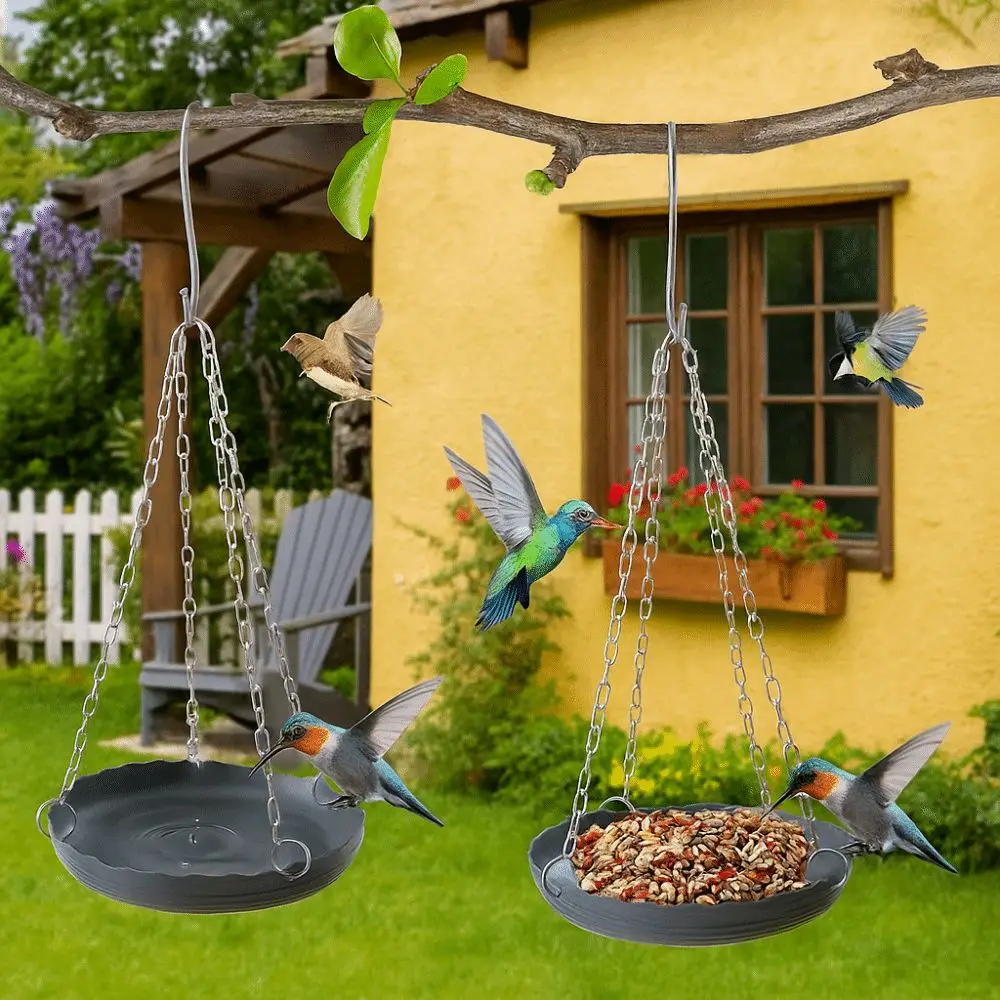 Multifunctional Adjustable Bird Feeding Tray Plastic Bird Water Bowl Hanging Bird Bath with Chain Bird Food Dispenser Tree