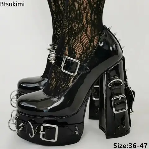 2026 Women's Punk Gothic Style Motorcycle Super High Heels Ladies Pumps Rivet Cosplay Costum Buckle Metal Chain Punk Shoes Girls