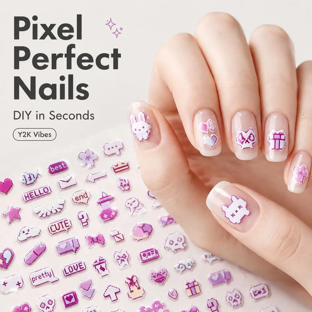 1Pc Pixel Art Y2K Nail Stickers 5D Raised Sweet Cool Cartoon Animal Heart Bow Adhesive Decals For Acrylic & Press‑On Nails DIY