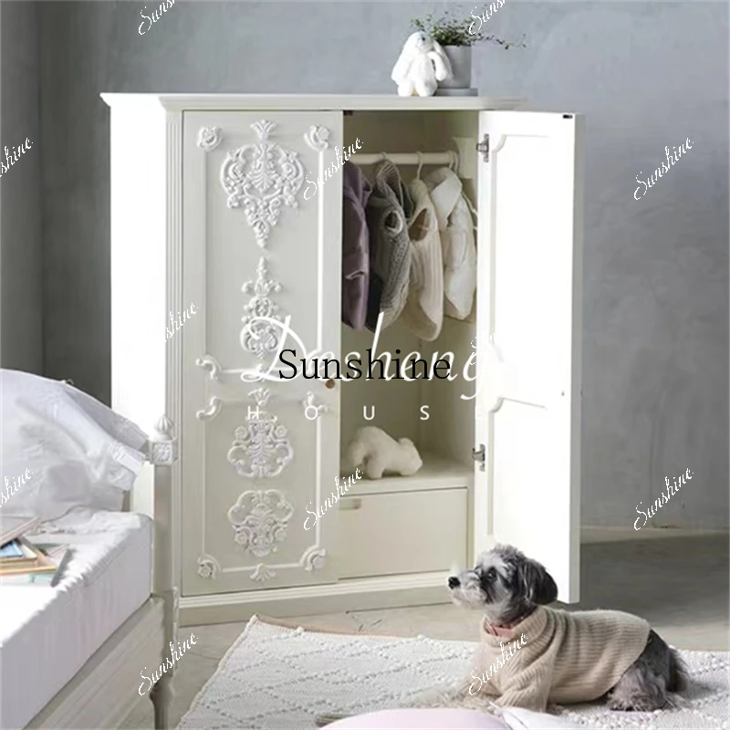 

Retro French solid wood carving flower home wardrobe floor-to-ceiling door storage simple cabinet FT