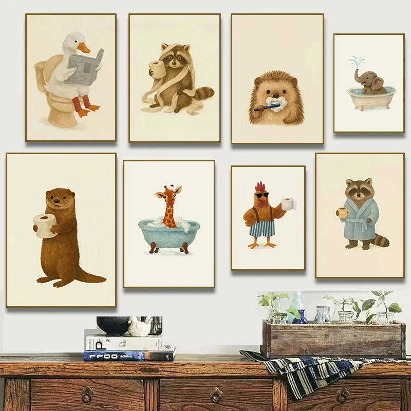 Funny Otter Toilet Paper Duck Reading on Toilet Poster Raccoon Animal Wall Art Bathroom Canvas Painting Print Nursery Home Decor