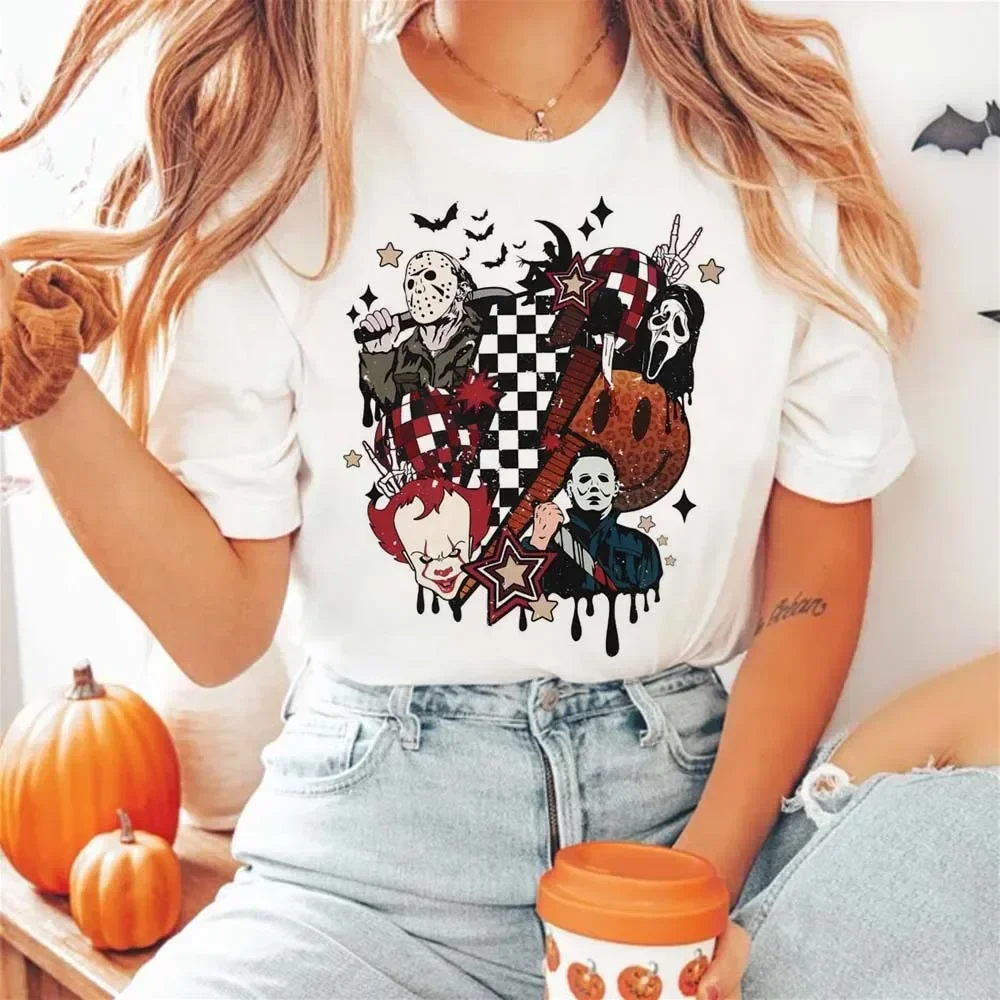 Retro Halloween T-Shirt with Pumpkin Pattern Printed Costume Halloween Summer Basic O-Neck Top Women\'s Fashion Versatile T-Shirt