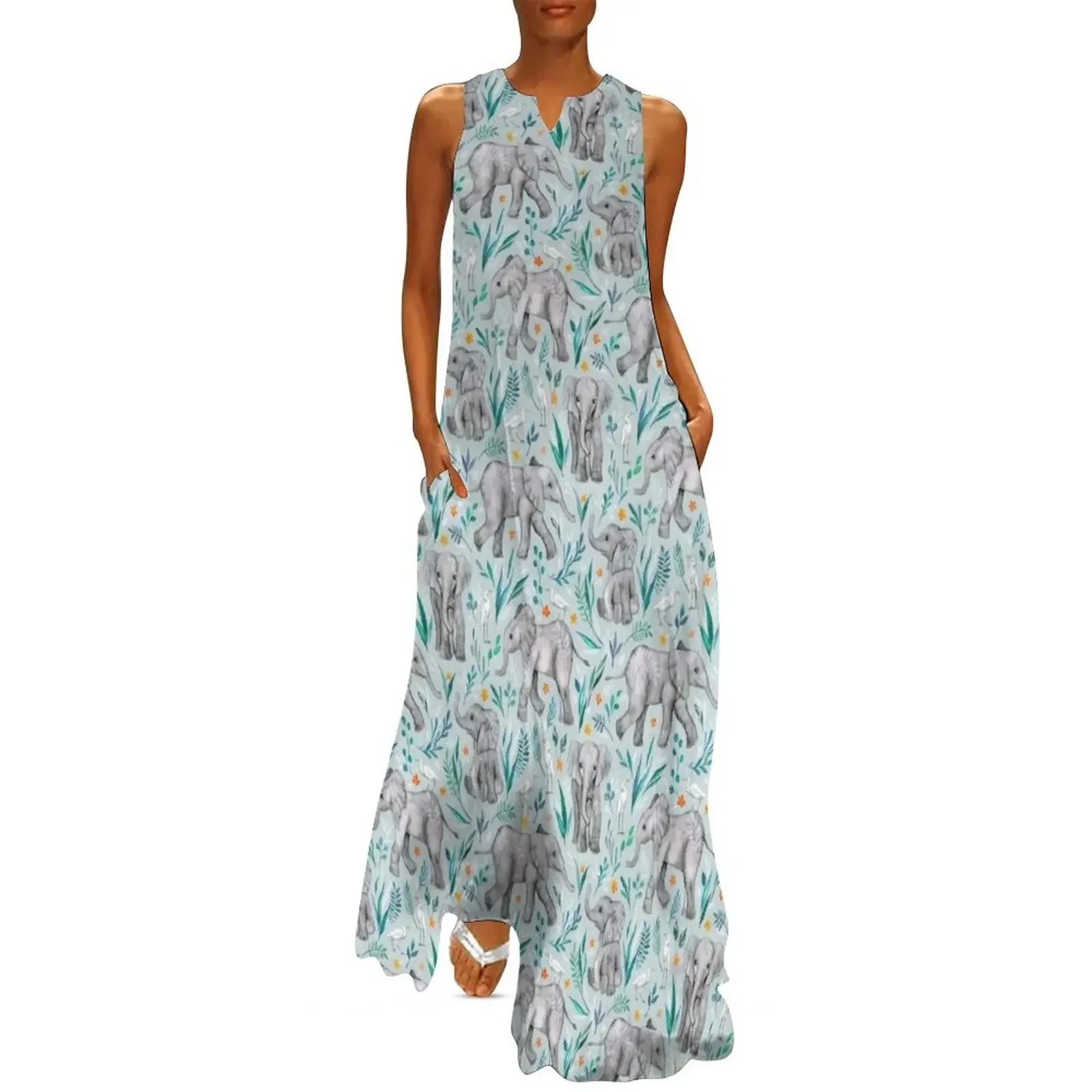 

Baby Elephants and Egrets in Watercolor - egg shell blue Long Dress Summer skirt women's luxury party dress Dress
