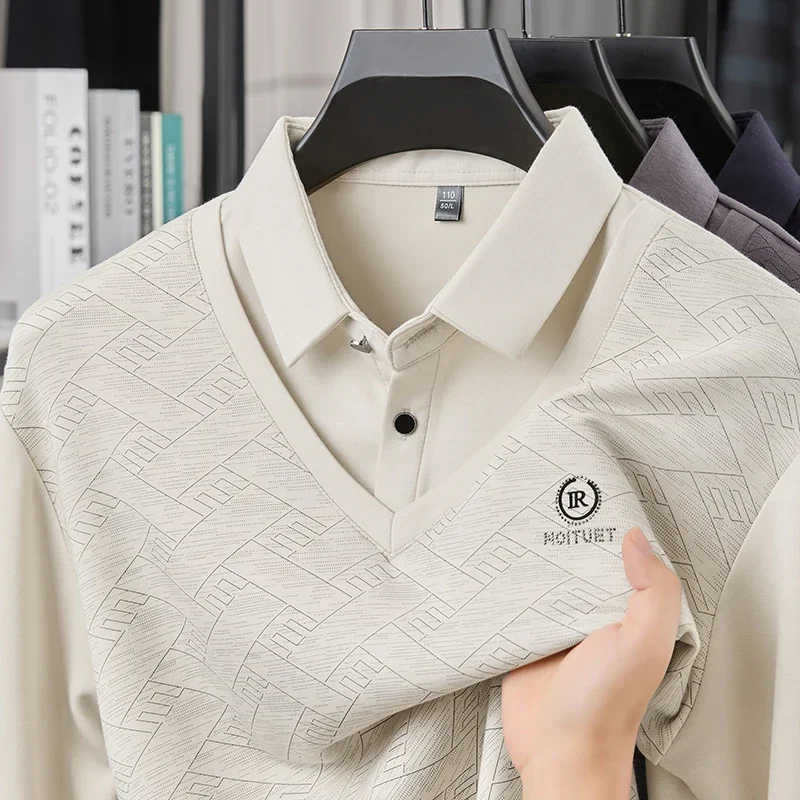 TFETTERS 2026 Spring Autumn Long Sleeve Polo Shirt Men New Fashion Fake Two Polo Shirts Casual Slim Turndown Collar Graphic Tee