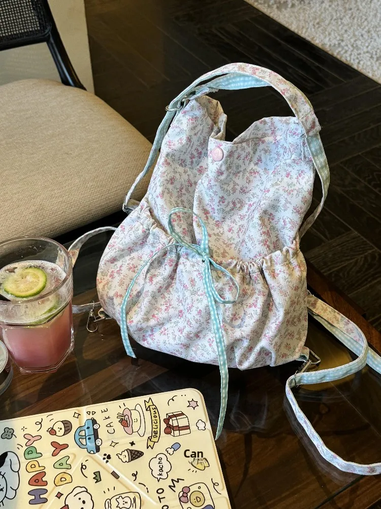 ZAZL Koreaanse Sle Canvas Buet Bag met grote capaciteit Bloemenprint Dubbele oulder Tote Bag met enkele schouder en knoop