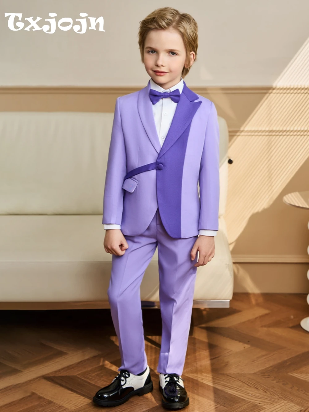 Txjojn Stylish Purple Kids Tuxedo 3 Pieces Blazer Pants With Bow-tie Dancing Wear Handsome Boys Full Sleeve Suits For Party