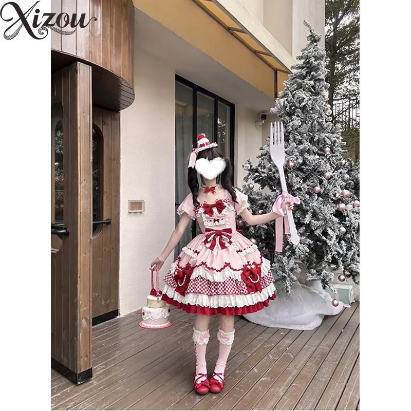 2025 สตรอเบอร์รี่สีชมพูLolita OP Sweet Kawaii Tutuเค้กเจ้าหญิงญี่ปุ่นโบว์ลูกไม้ลายสก๊อตSplicing Victorianพัฟแขน