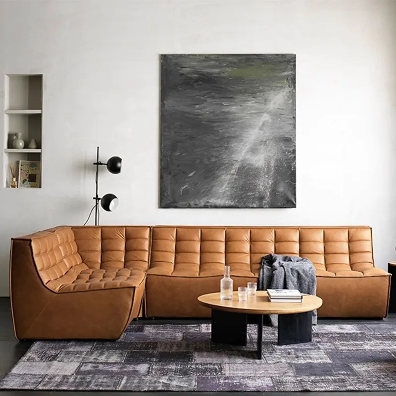 Leren bank, eerste laag koeienhuid klein appartement woonkamer oude retro olie wax leer middeleeuwse Nanyang wind rechte rij