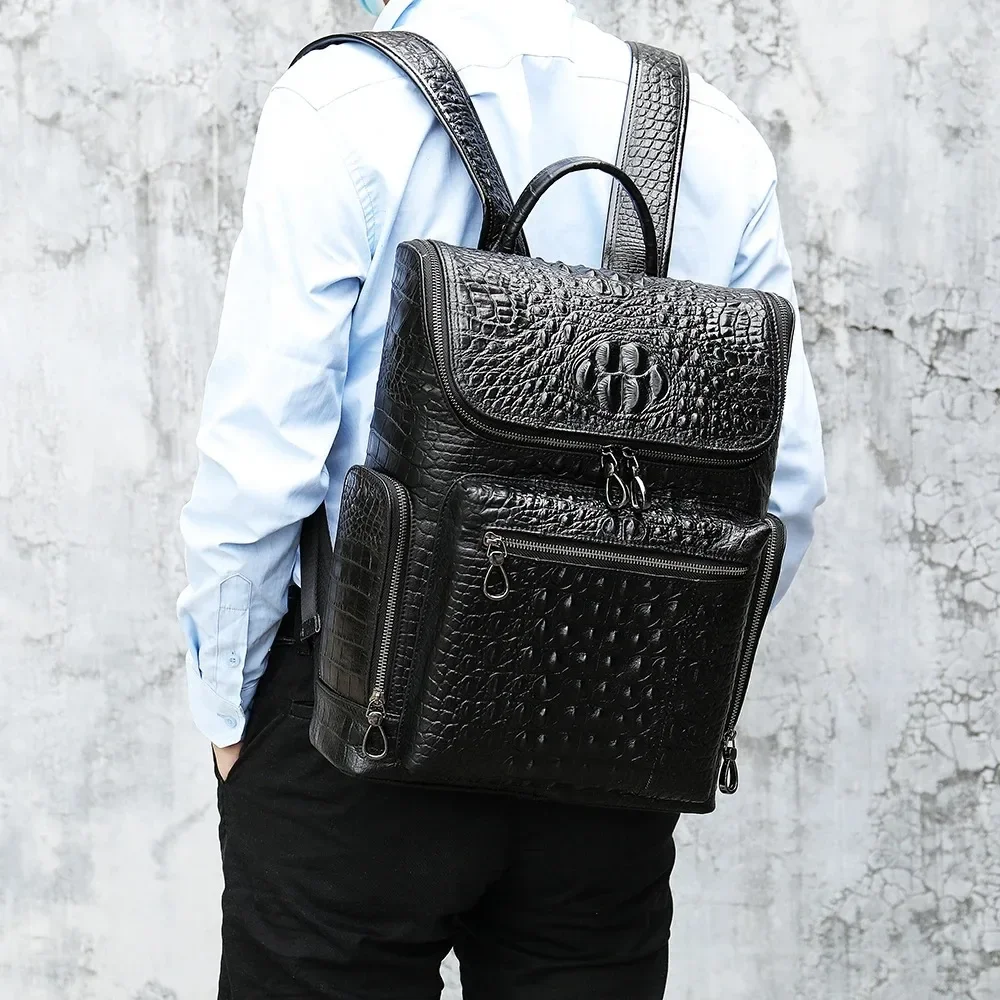 100% Genuine Leather Laptop Backpack For Men Crocodile Business Backpack For 14 Inch Laptop Fashion Schoolbag For Men Crocodile