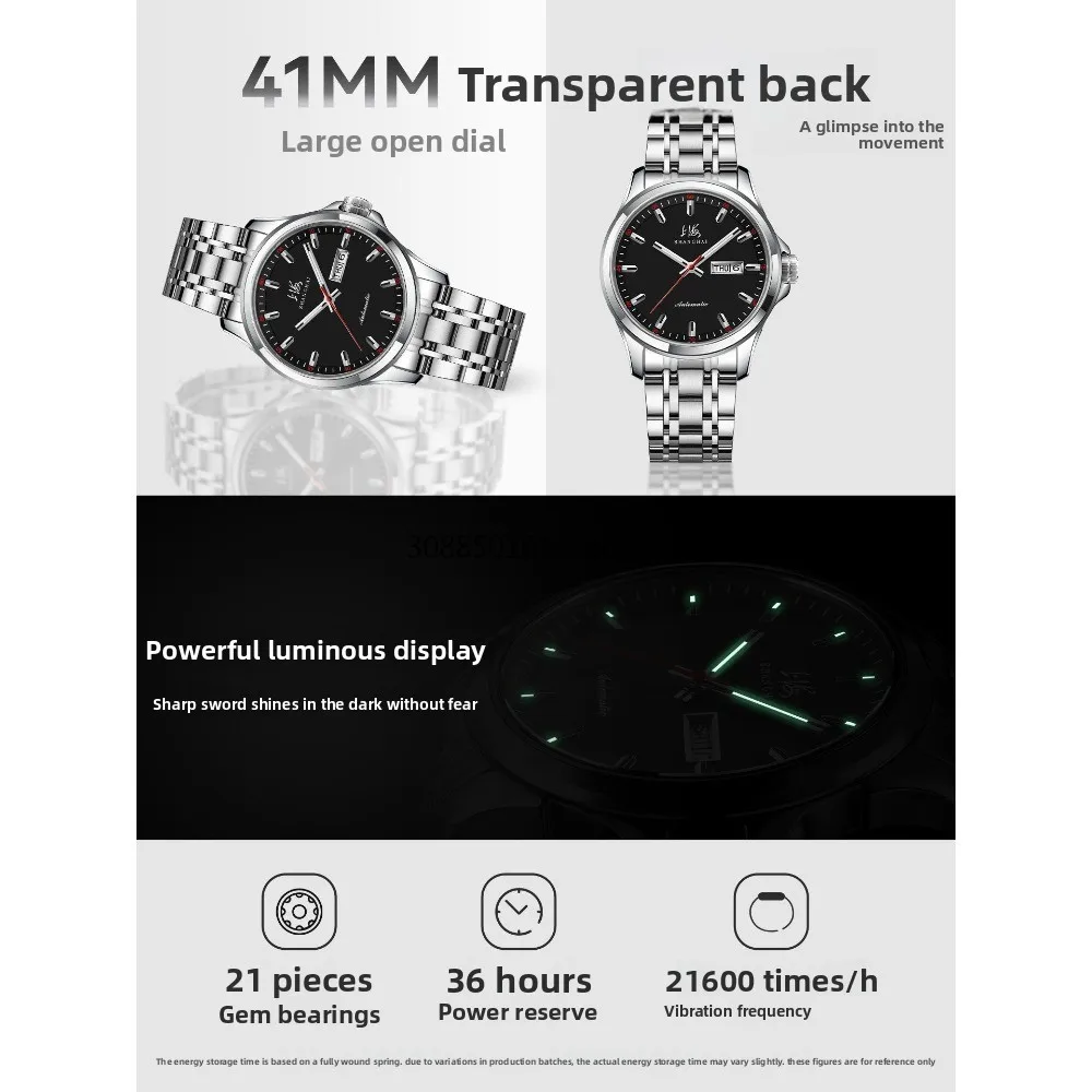 Automatic mechanical watch with fashionable transparent bottom stainless steel double calendar red needle