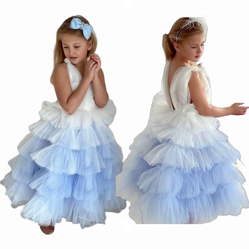 

Lovely Flower Girl Dress Blue for Weddings Sash Lace Tulle Glitz Princess Kids Birthday Evening Party First Communion Ball Gown