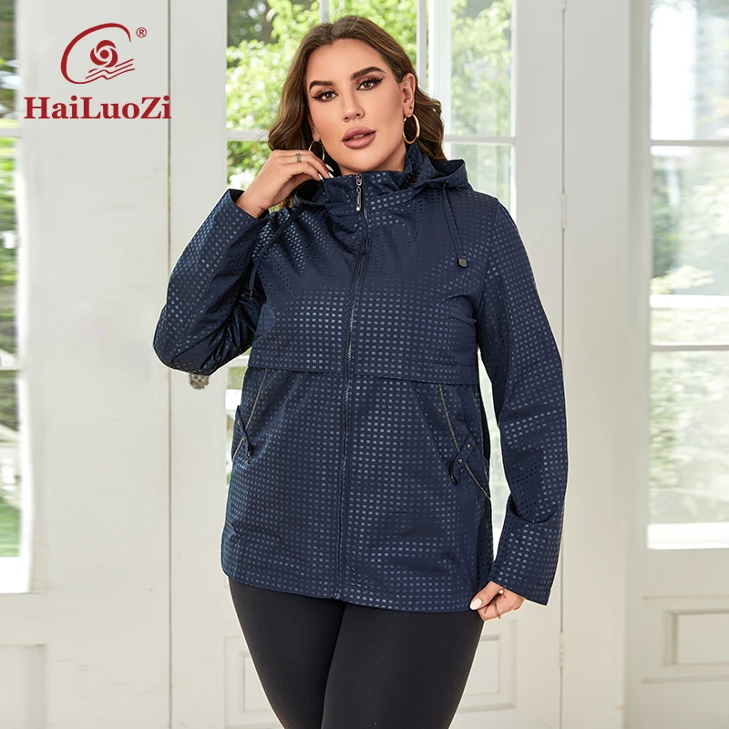 HaiLuoZi-gabardina corta con capucha desmontable para mujer, abrigo de talla grande a prueba de viento, con bolsillo lateral, a la moda, 2023, 727