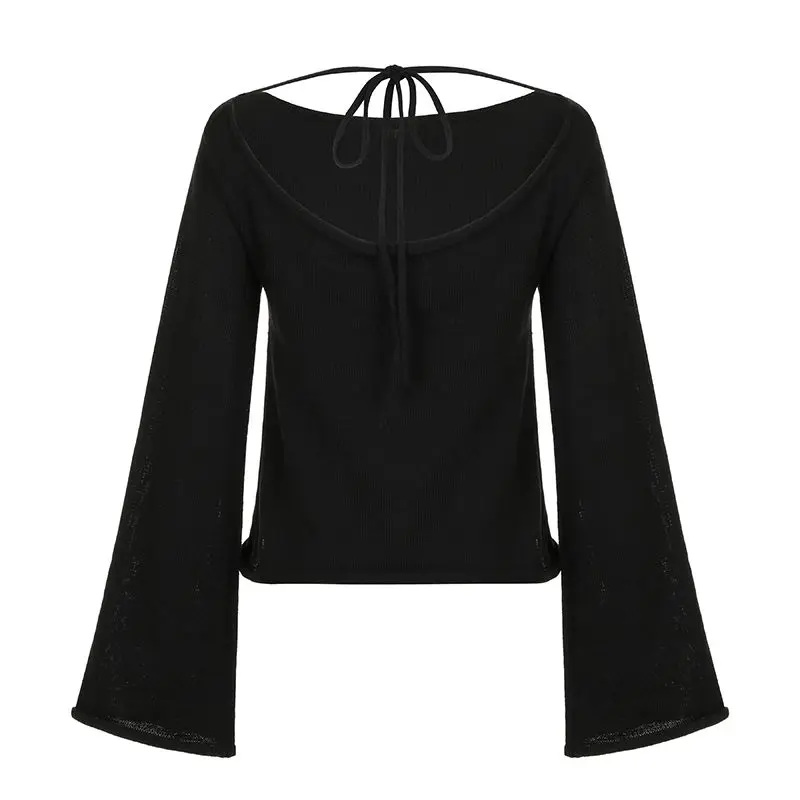 템퍼먼트 백리스 타이드 스웨터 니트 스웨터 여성용 플레어 슬리브 루즈 아우터 탑