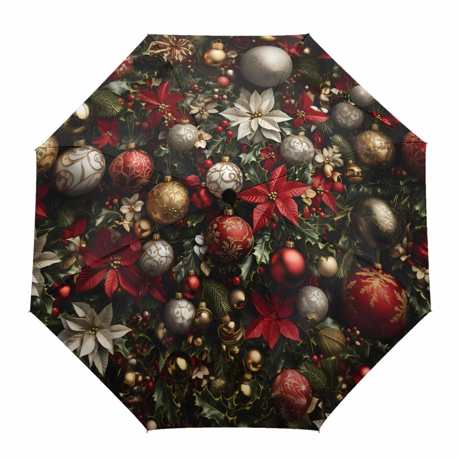 Winter Poinsettia Holly Flower Automatic Umbrella for Rain Foldable Parasol Umbrella Eight strand Outdoor Umbrellas