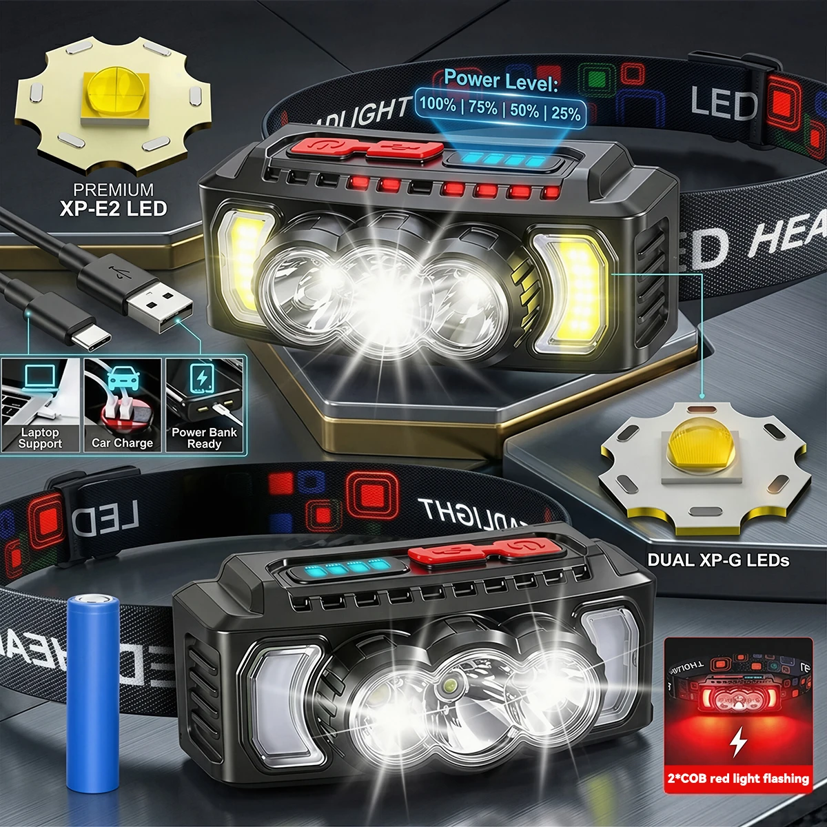 1-5pcs Headlamp Super Powerful Flashlights Motion Sensor LED Flashlight Portable Lights USB Rechargeable Lamp for Outdoor Camp