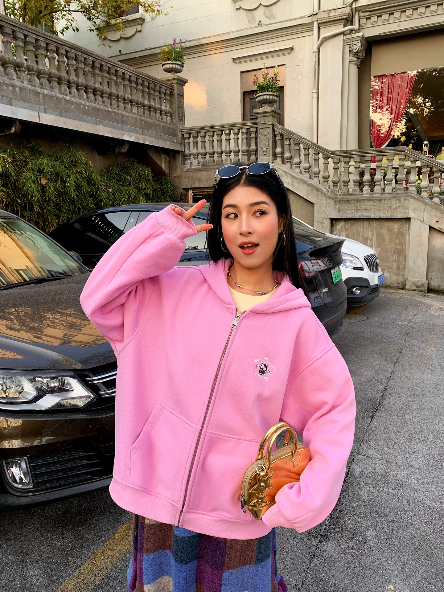 

Thiened Oversize Hoodie Embroidered Pink Jaet Fce Women's Casual Sle Zipper Closure Long Sve Spring Faion