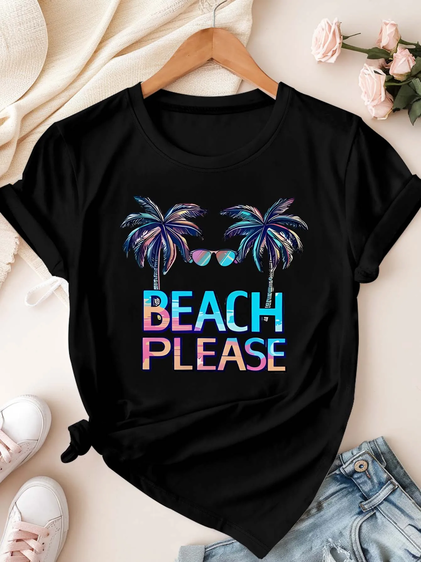 Plus Size Beach Please Palm Tree Grafik-T-Shirt für stilvolle Beachy Vibes