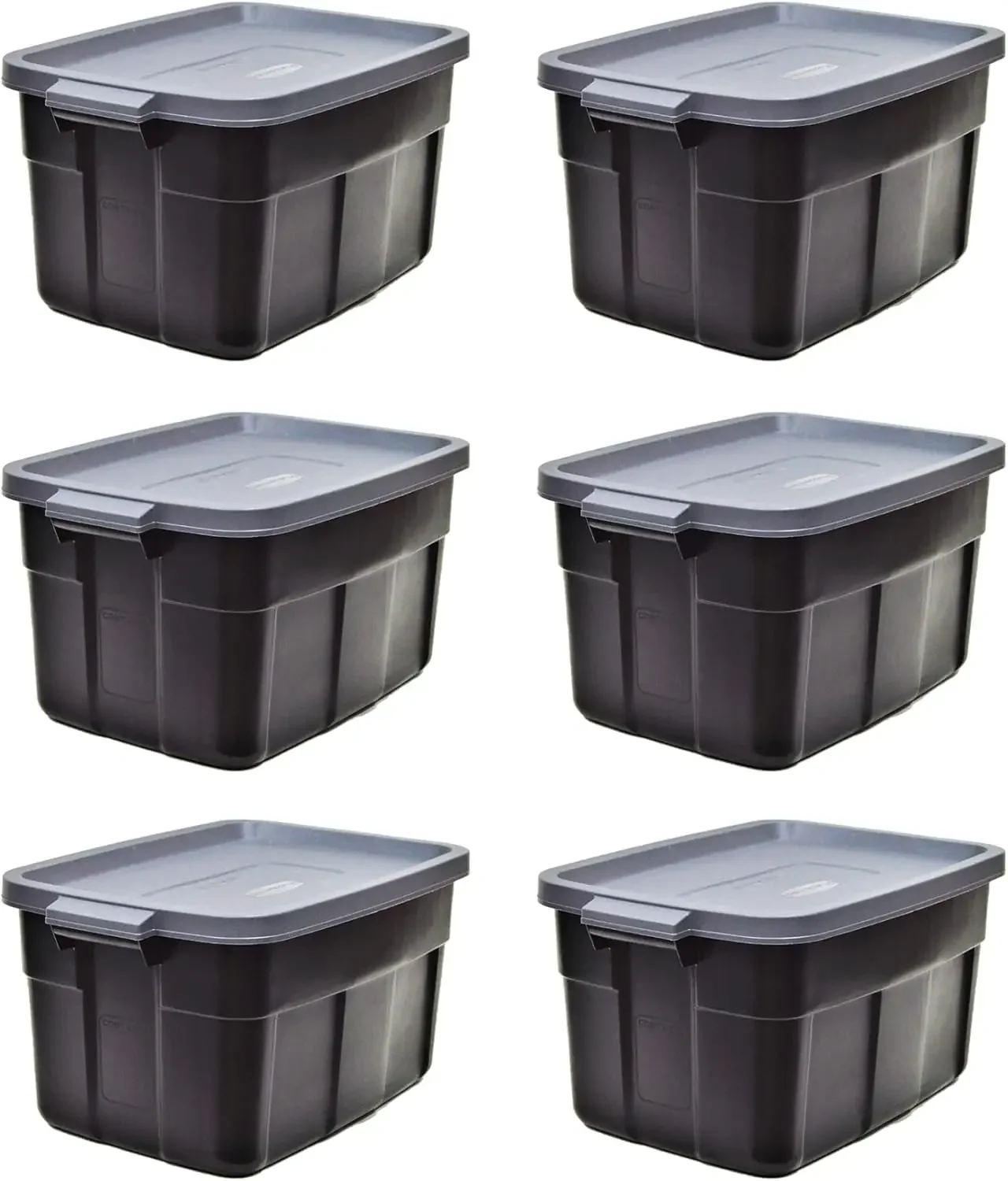 6 Pack, Made in USA, Black & Gray, Rugged Plastic Stackable Storage Bins with Lids and Handles