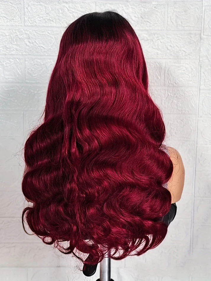 

24-дюймовый бордовый парик спереди, предварительно выщипанный с 13x4 HD, кружевные фронтальные человеческие волосы, объемные волны, парики для чернокожих женщин, плотность 200%, 99J