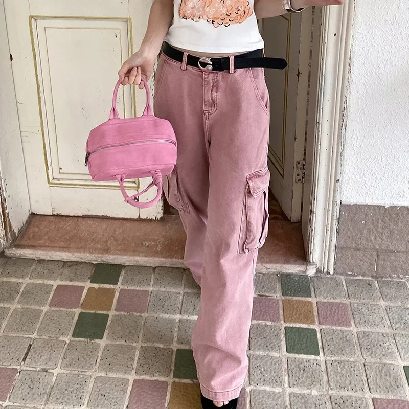 

Jeans Ankle Length Straight Loose Fit Women Cargo Pants Vintage Solid Pockets Denim Spliced Washed 2024 Summer High Street