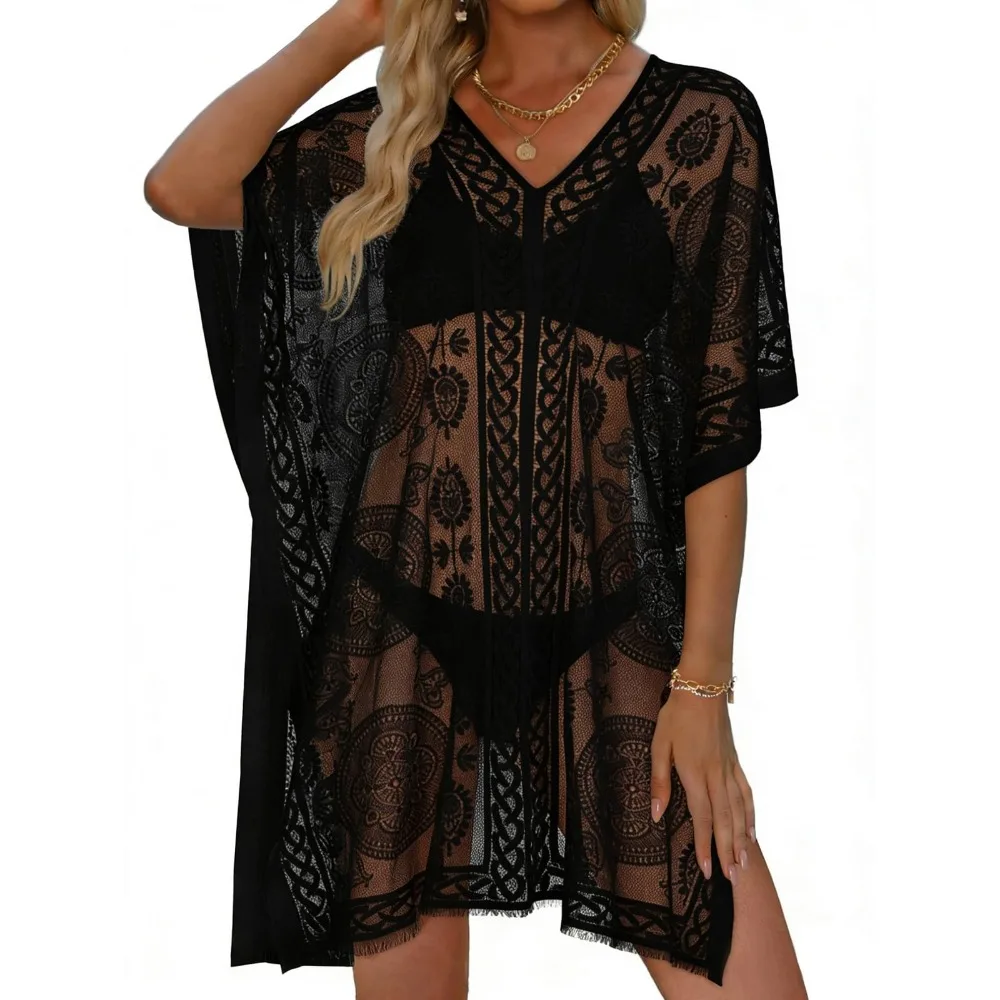 Casual Transparent Swimsuit Cover Up Plus Size Sunscreen Bohemian Shawl Lightweight Breathable Floral Cover Up Summer Vacation