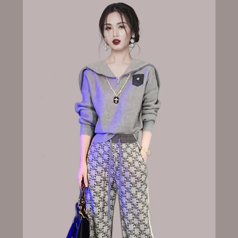 Spring and Autumn Women\'s Fashion High-end Casual Short Long Sleeve Sweatshirt Trousers Letter Printed Sportswear Set