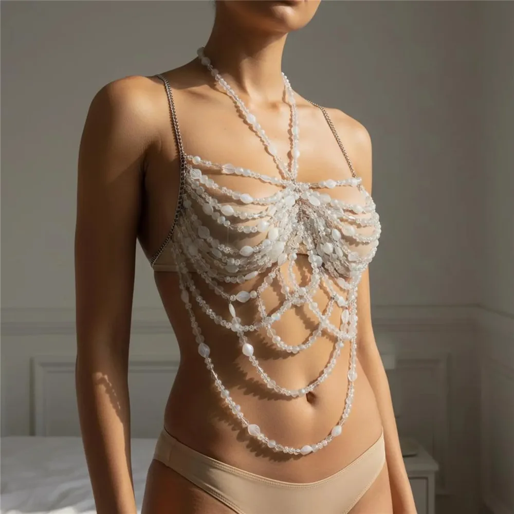 Handmade Beaded Openwork Body Chain Halter Neck Backless 2k Hot Girl Outerwear Necklace Music Festival Party Sexy Top