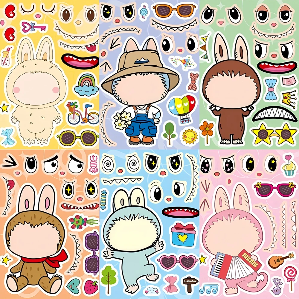 

8/16Sheets Cute Labubu Make a Face Puzzle Stickers for Kids Toy Assemble Jigsaw Cartoon Decals DIY Party Decoration Game Gifts