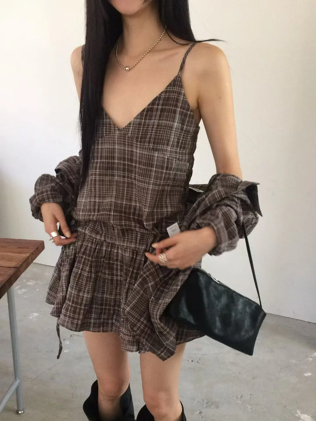 

East Gate Plaid Strapless Sun Protection Shirt Set Women's Spicy Loose Slimming Two-Piece Set High Waist Cotton Blend
