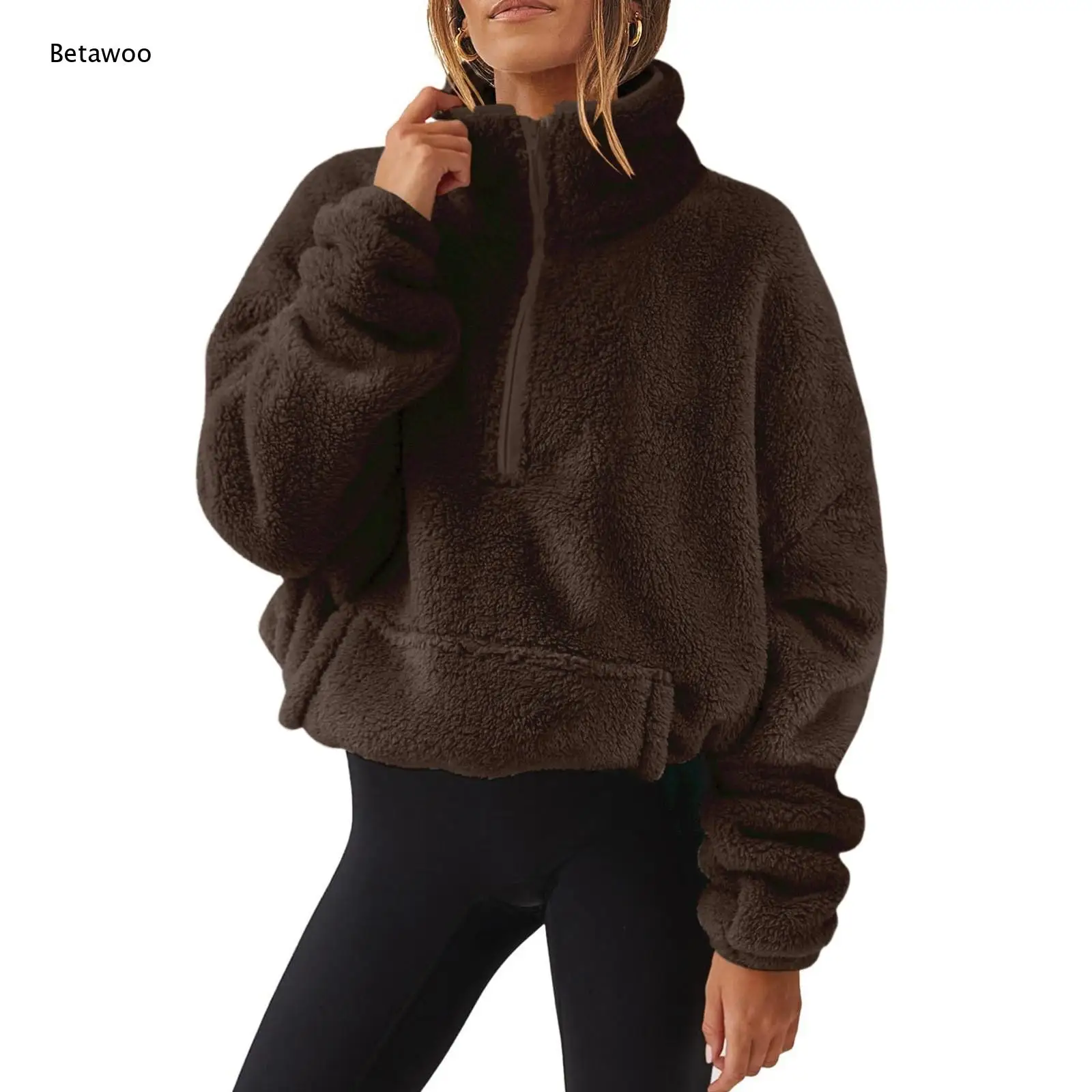 Half Zip Fuzzy Fleece Cropped Sweatshirt High Neck Long Sleeve Warm Fall Winter Casual Top for Women