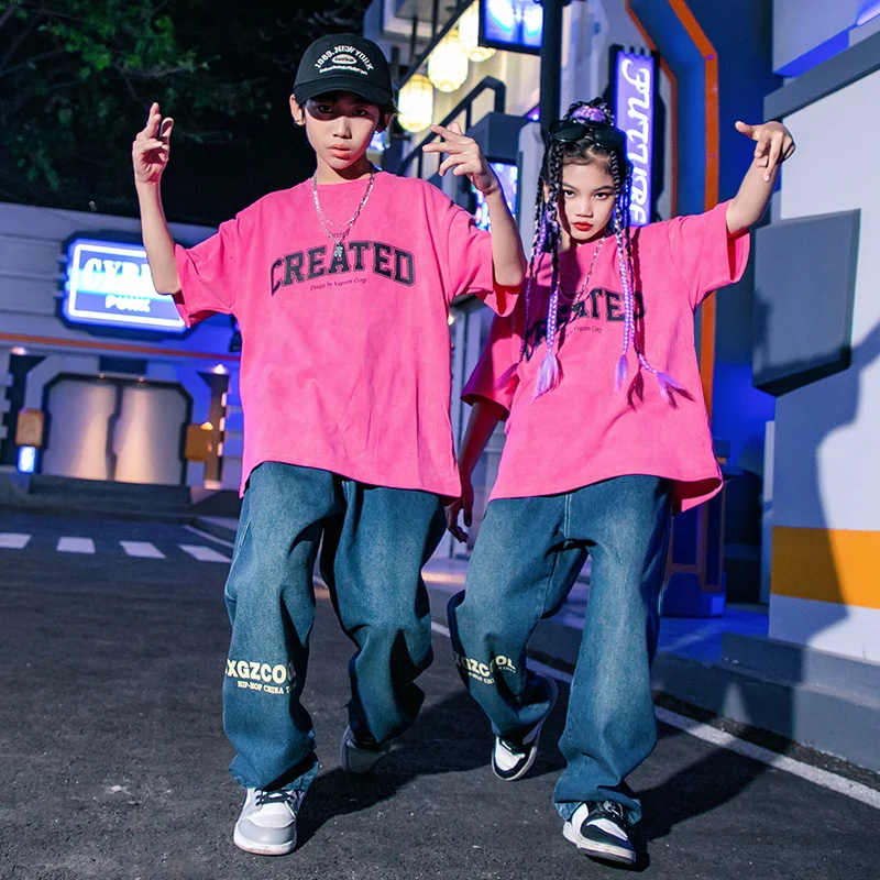 Kids Hip Hop Clothing Kpop Outfit Graphic Tee Oversized T Shirt Casual Denim Jeans Pants For Girl Boy Jazz Dance Costume Clothes