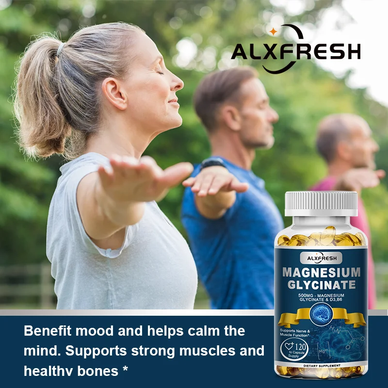 Alxfresh Magnesium Glycinate 500mg Capsule Zinc Vitamin D3 B6 for Muscle, Joint, Nerve Sleep Quality, Anxiety Stress Mood Health