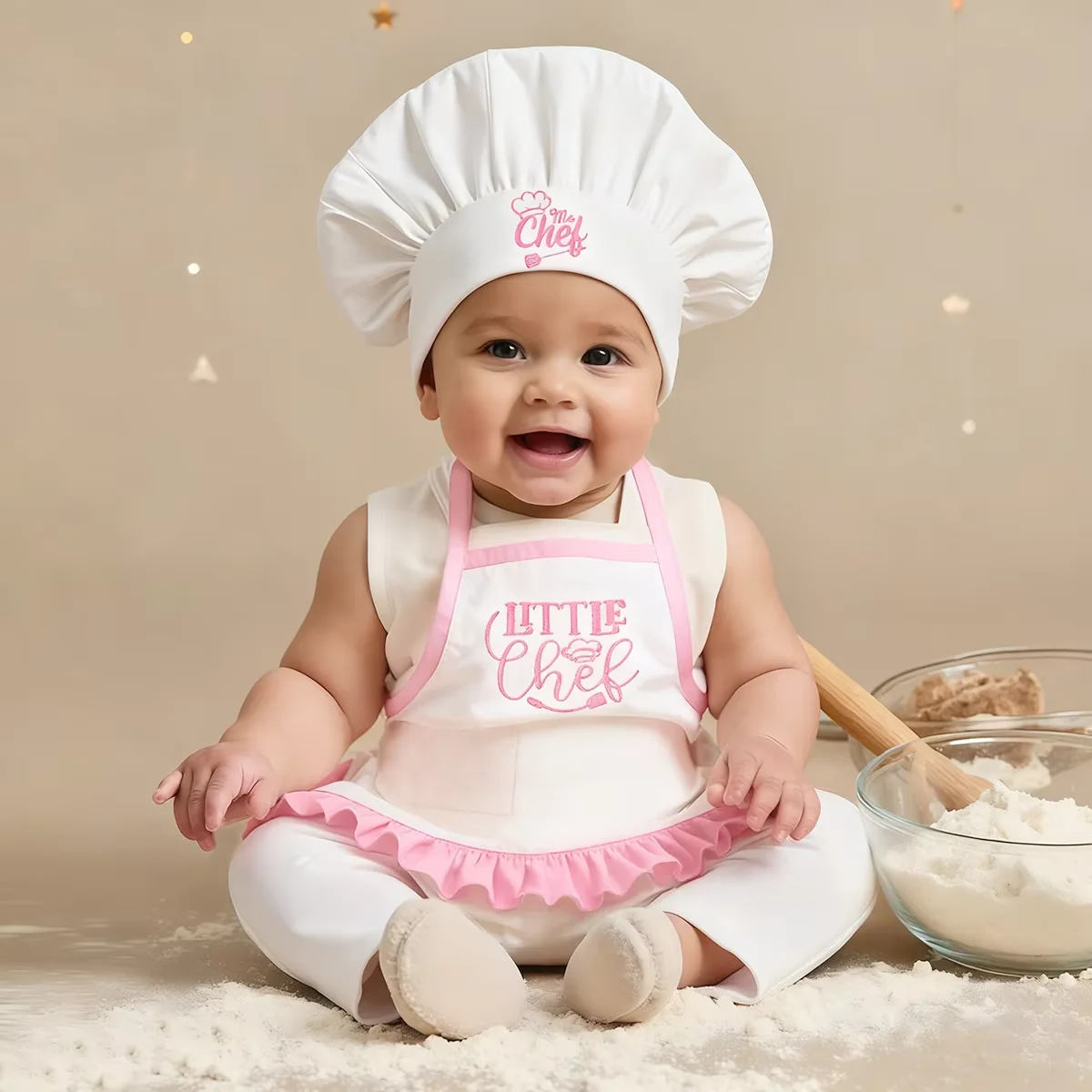 Ylsteed 2 Pcs Set Cute Baby Chef Apron and Hat Infant Kids White Cook Costume Photography Prop Newborn Hat Apron-HD