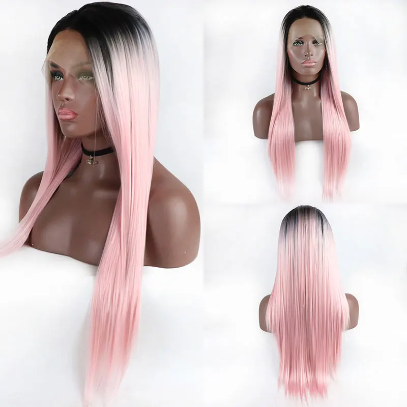 Black Roots Ombre Pink Straight Hair Wig Synthetic 13X4 Lace Front Wigs High Quality Heat Resistant Fiber Hair For Fashion Women