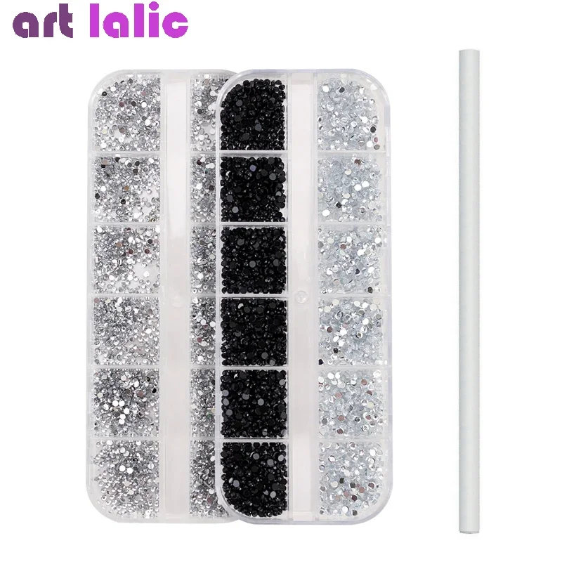 

DIY Nail Art Rhinestones Set with Dotting Pen Black & White Glitter 1.5mm/2.0mm Flat Bottom Containers Decorations for Manicure