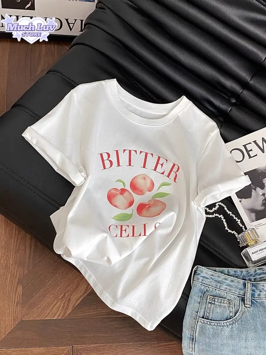 

100% Pure Cotton New Peach Print T-shirt Commute Women's Clothing Summer Fashion Casual Comfy Short Sleeve Top Y2k Vintage Top