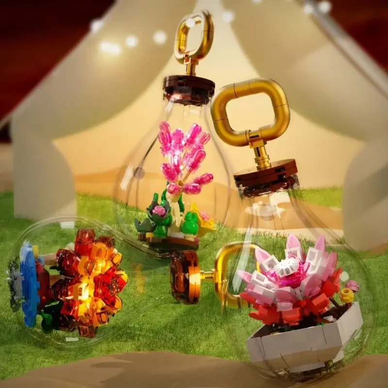 Décennie s de construction de plantes succulentes avec ampoule, petites particules de fleurs, jouets assemblés pour enfants, ornements modèles, cadeau