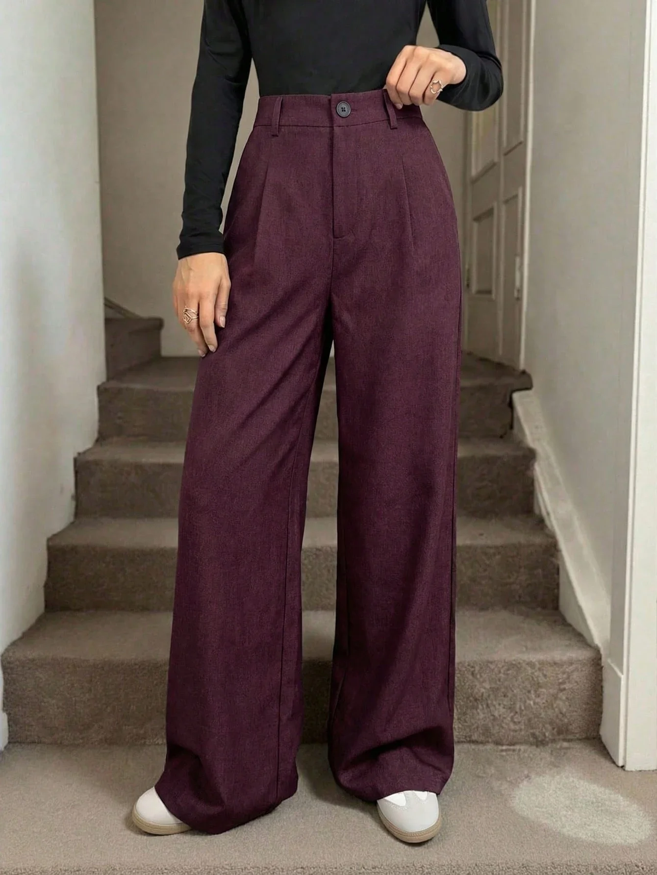 

High Waisted Wide Leg Pleated Trousers For Women Solid Color Loose Fit Formal Casual Pants