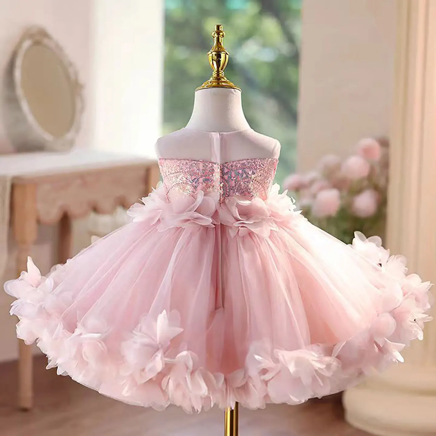 Dreamy Vow D094 Abito rosa con paillettes in tulle senza maniche per ragazze Affascinante mini abito da ballo primaverile estivo per feste di celebrazione dei bambini