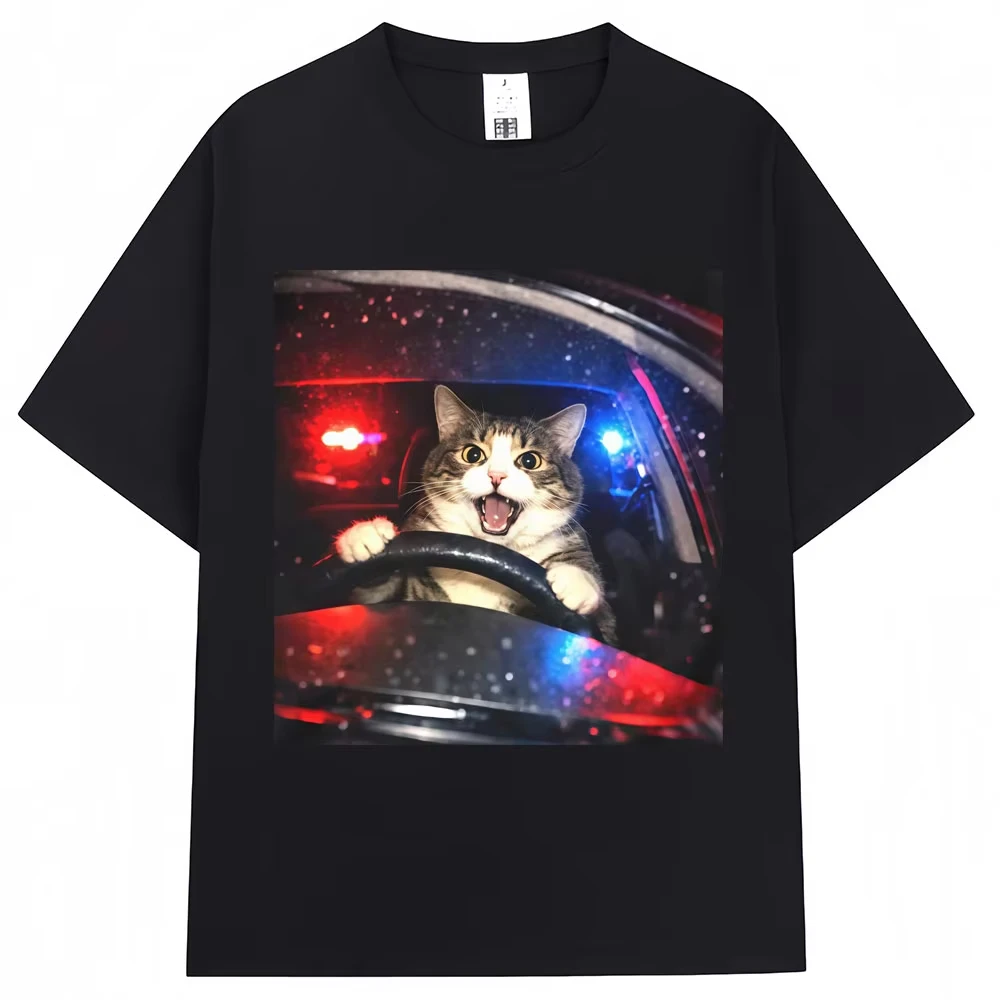 Funny Driving Car Cat Meme Graphic T Shirts Men Women Humior Cat Lover Short Sleeve Oversized Cotton Casual Personality T-shirt