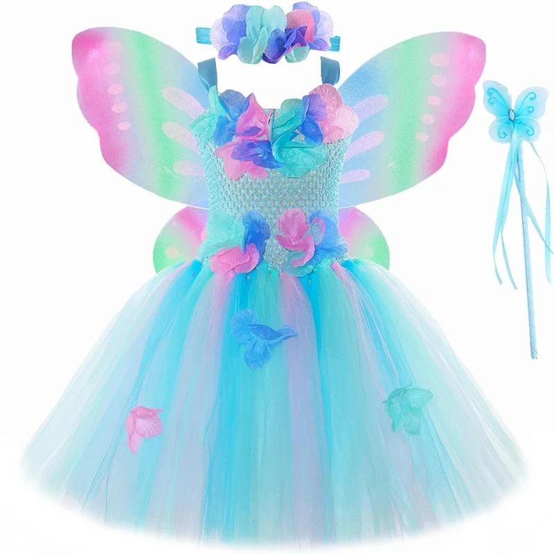 Turquoise Flower Fairy Costumes for Girls Halloween Carnival Tutus Outfit Kids Butterfly Fairy Princess Dresses with Wings Wand
