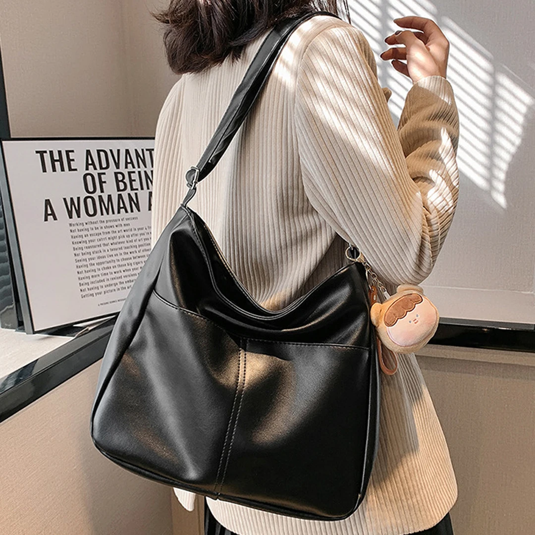 2024 Soft Leather Large Capacity Women\'s Tote Bag Simple Leisure College Student Classroom Bag Single Shoulder Crossover Commute