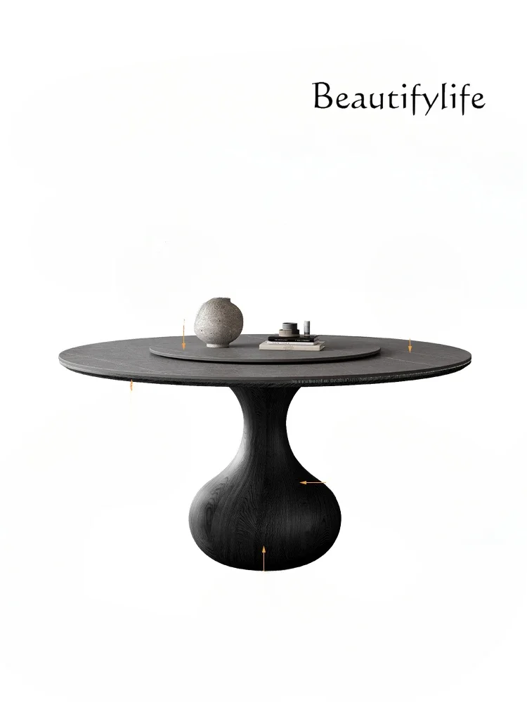 

French retro wind rock slab dining table with turntable household Italian simple black solid wood dining table